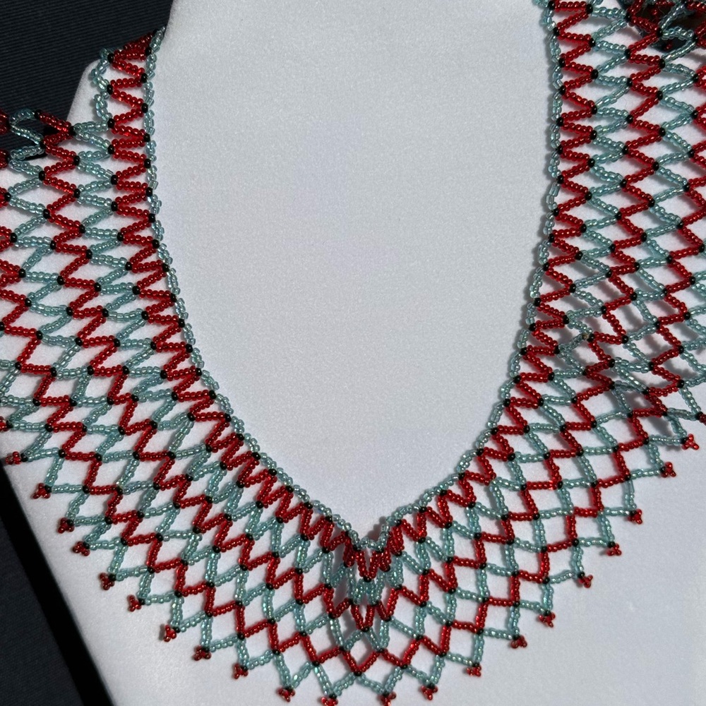 Red and Light Blue Iridescent AB  Seed Bead Bib Necklace, 17 By 2”